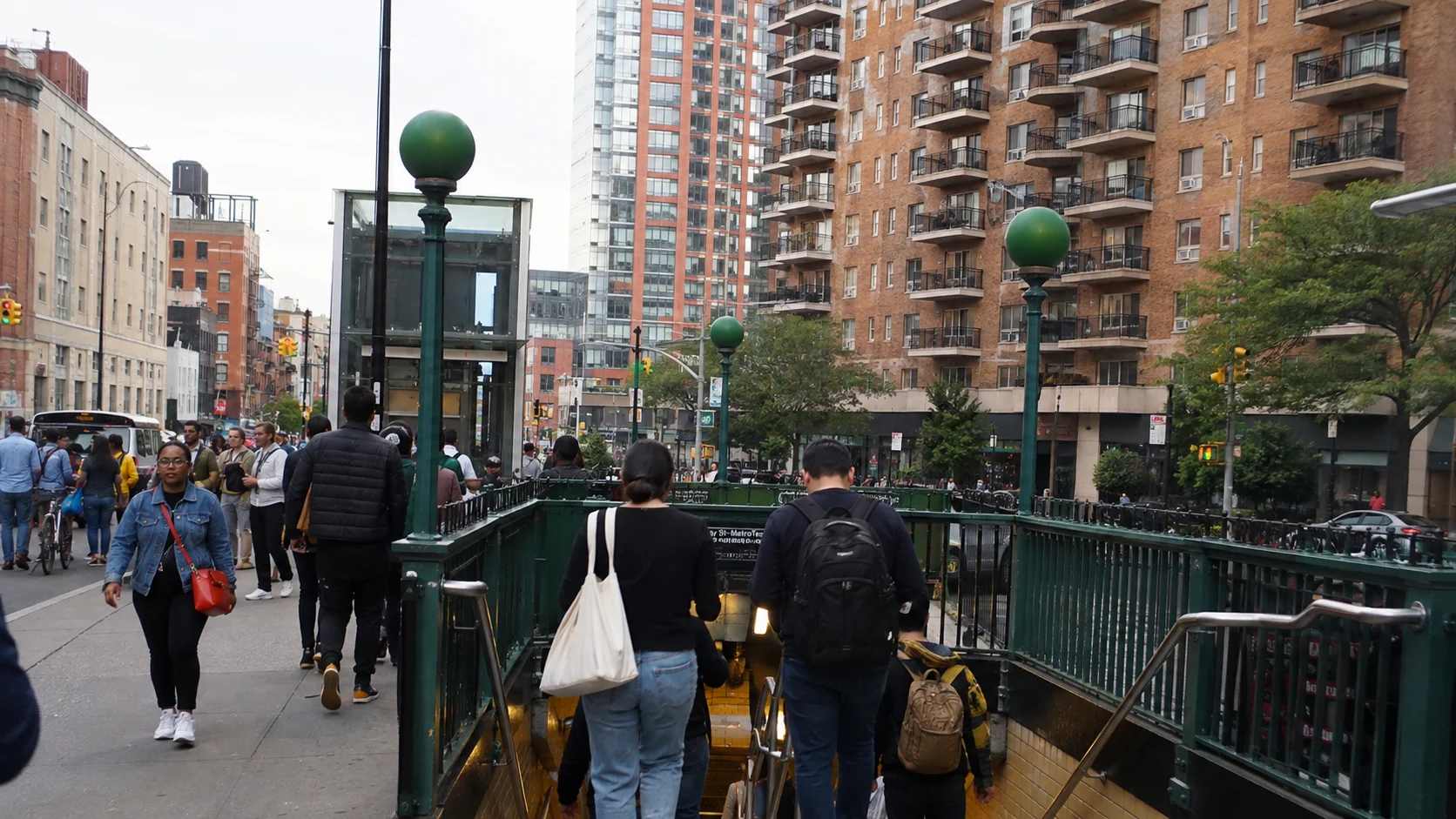 Subway construction equipment and underground station excavation shaft in upper Manhattan.